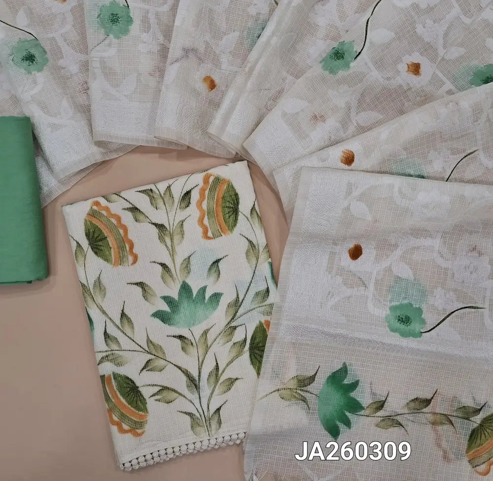 Designer half White kota silk cotton unstitched salwar material (lining needed) floral brush paint work on front, turquoise green silk cotton bottom, embroidery, brush paint work on jakard kota silk cotton dupatta. JA260309