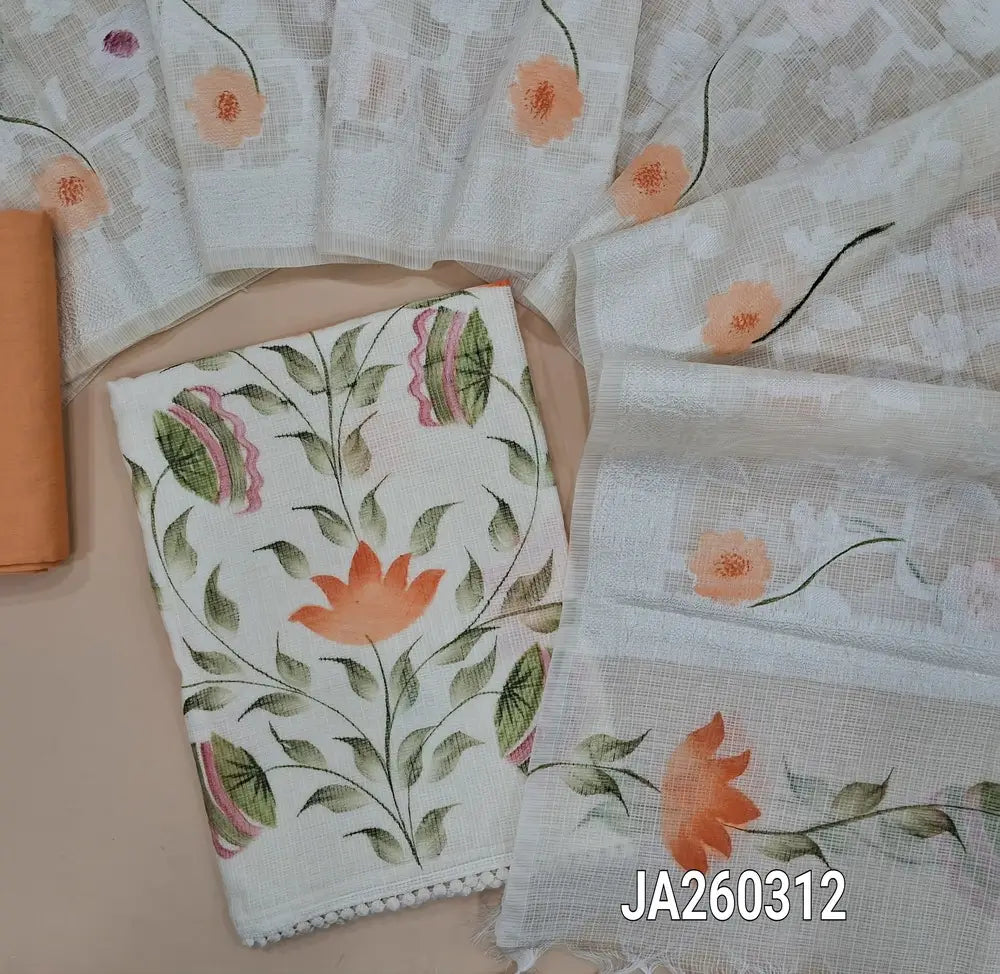 Designer half White kota silk cotton unstitched salwar material (lining needed) floral brush paint work on front, peach silk cotton bottom,  embroidery, brush paint work on jakard kota silk cotton dupatta. JA260312