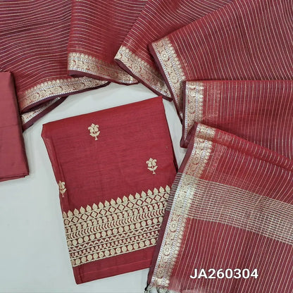Designer Reddish maroon premium silk cotton unstitched salwar material (lining needed) zari embroidery work on front, heavy daman, matching silk cotton bottom, gold & silver zari lines on silk cotton dupatta. JA260304