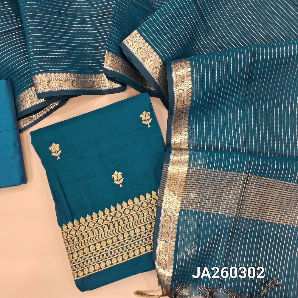 Designer turquoise Blue premium silk cotton unstitched salwar material (lining needed) zari embroidery work on front, heavy daman, matching silk cotton bottom, gold & silver zari lines on silk cotton dupatta. JA260302