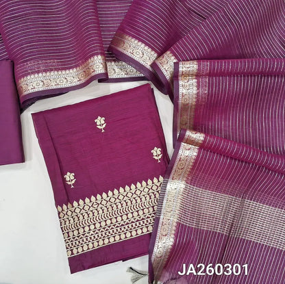 Designer beetroot Purple premium silk cotton unstitched salwar material (lining needed) zari embroidery work on front, heavy daman, matching silk cotton bottom, gold & silver zari lines on silk cotton dupatta. JA260301