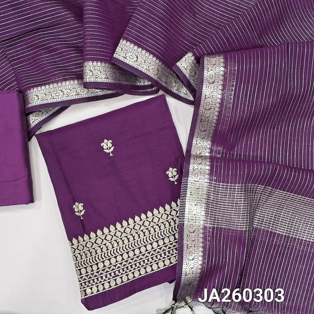 Designer dark Purple  premium silk cotton unstitched salwar material (lining needed) zari embroidery work on front, heavy daman, matching silk cotton bottom, gold & silver zari lines on silk cotton dupatta. JA260303