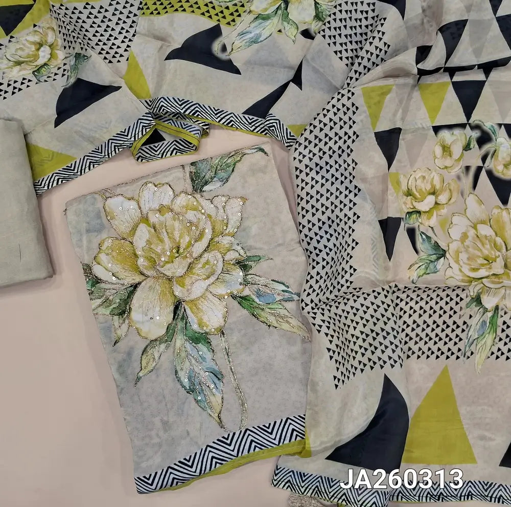 Designer light Beige pure organza silk unstitched salwar material (lining needed) floral print, sequins work on daman, santoon bottom,  printed short width pure organza silk dupatta. JA260313