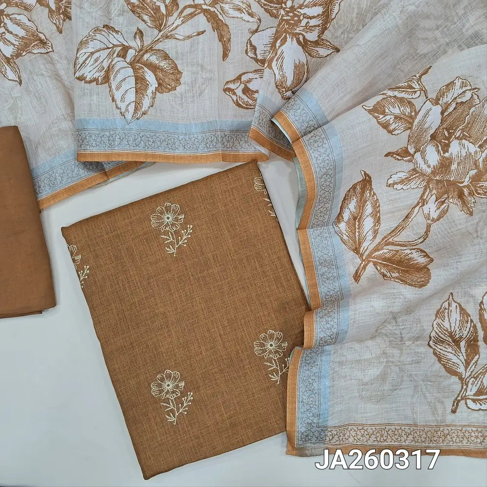 Light Brown semi linen unstitched salwar material (lining optional) floral embroidery work on front, matching santoon bottom, floral printed semi linen dupatta. JA260317