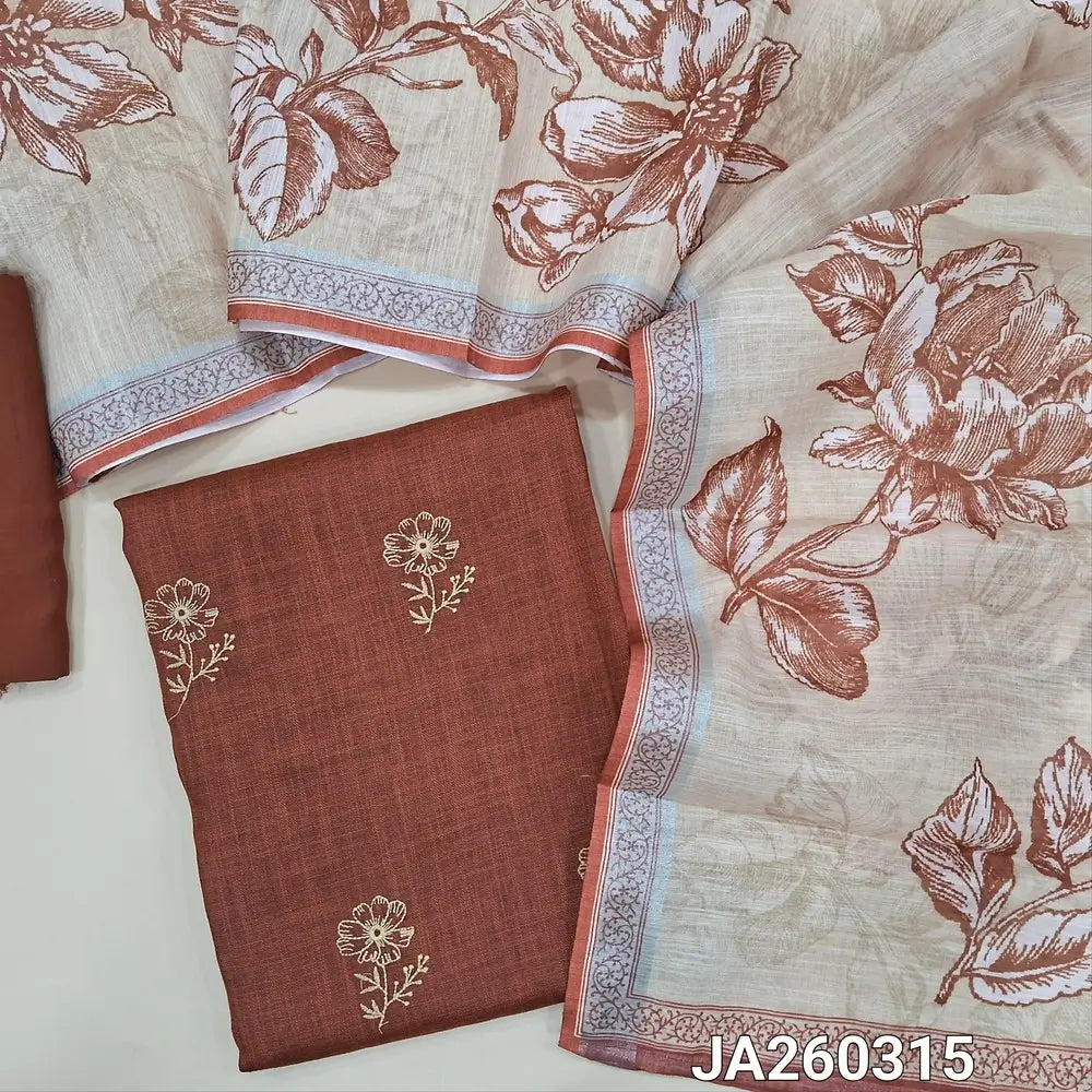 Dark Maroon semi linen unstitched salwar material (lining optional) floral embroidery work on front, matching santoon bottom, floral printed semi linen dupatta. JA260315