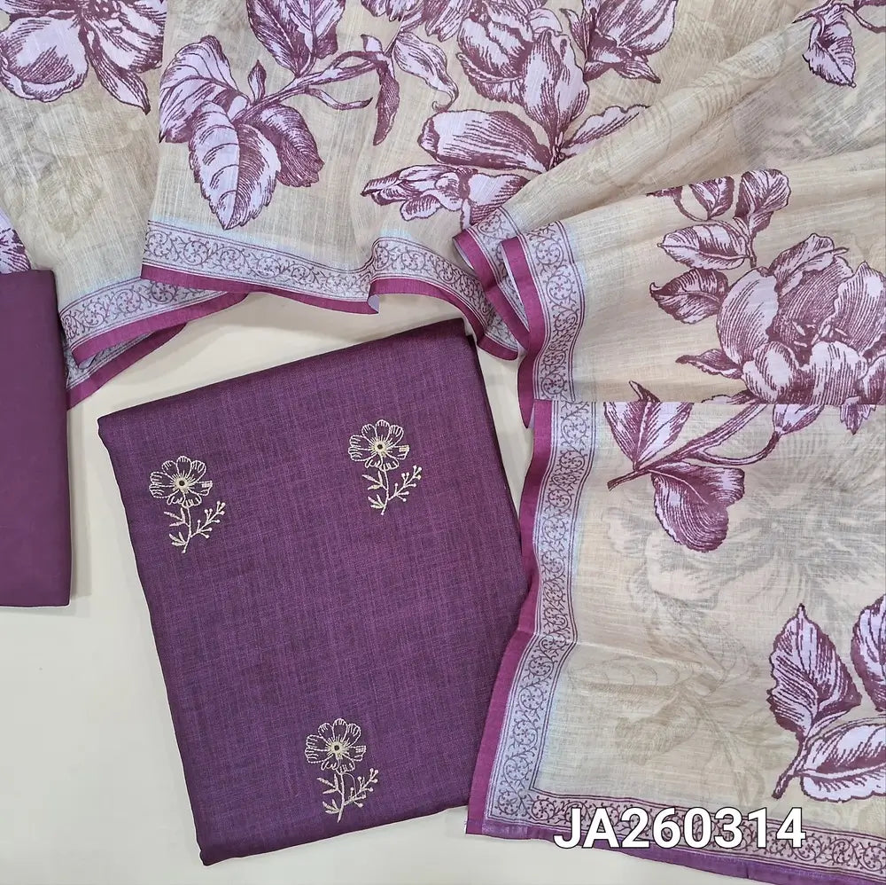 Dark Purple semi linen unstitched salwar material (lining optional) floral embroidery work on front, matching santoon bottom, floral printed semi linen dupatta. JA260314