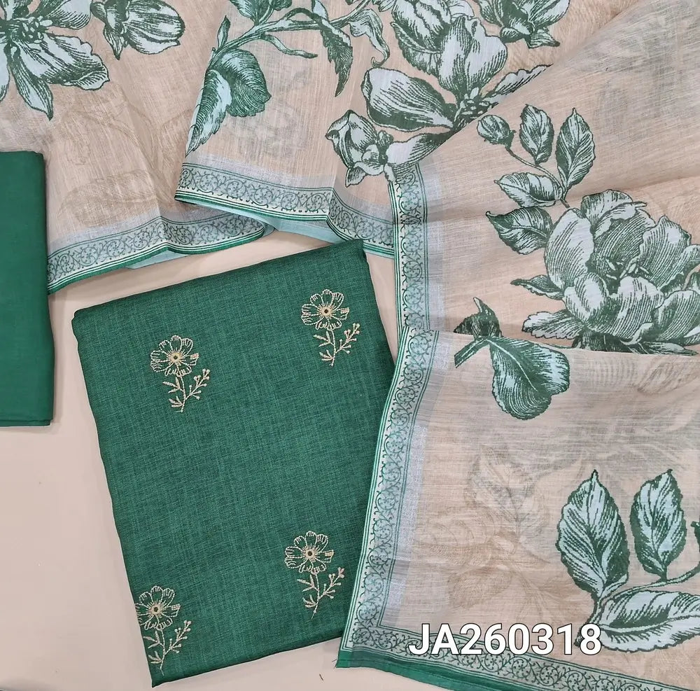 Teal Green semi linen unstitched salwar material (lining optional) floral embroidery work on front, matching santoon bottom, floral printed semi linen dupatta. JA260316