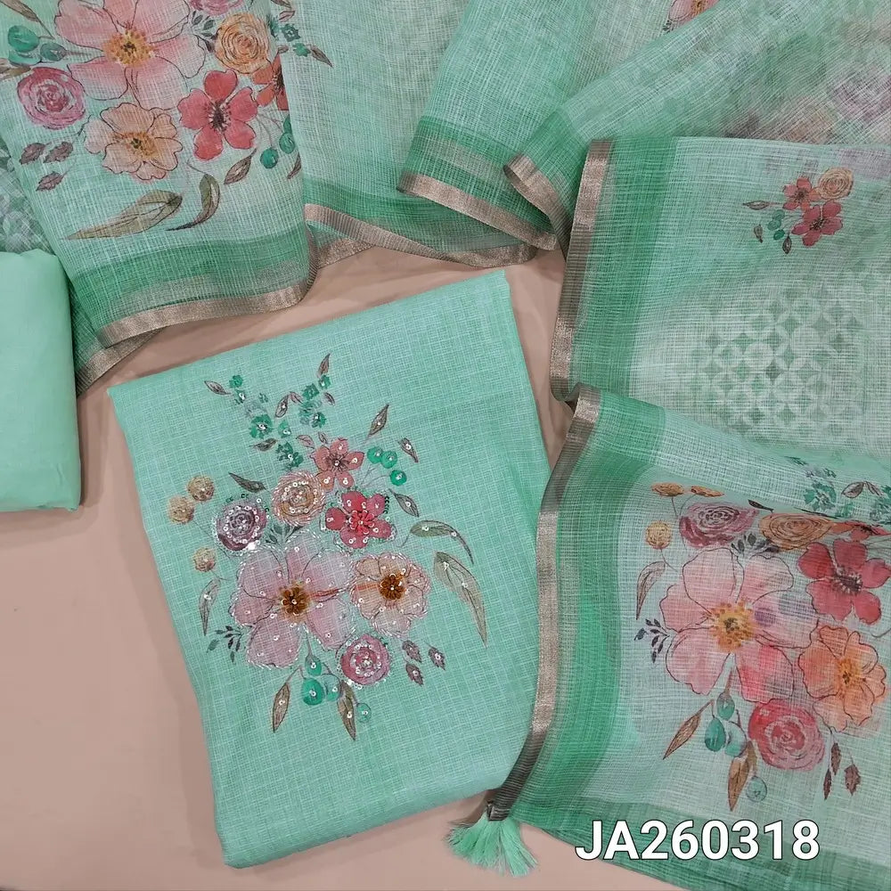 Premium pastel Blue kota silk cotton unstitched salwar material (lining needed) digital floral print, bead, sequins work on yoke, matching spun cotton bottom, digital floral printed kota silk cotton dupatta. JA260318