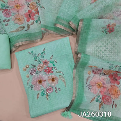 Premium pastel Blue kota silk cotton unstitched salwar material (lining needed) digital floral print, bead, sequins work on yoke, matching spun cotton bottom, digital floral printed kota silk cotton dupatta. JA260318