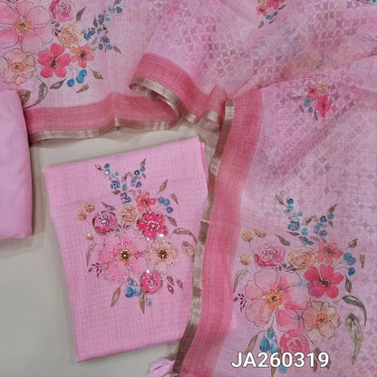 Premium pastel Pink kota silk cotton unstitched salwar material (lining needed) digital floral print, bead, sequins work on yoke, matching spun cotton bottom, digital floral printed kota silk cotton dupatta. JA260319