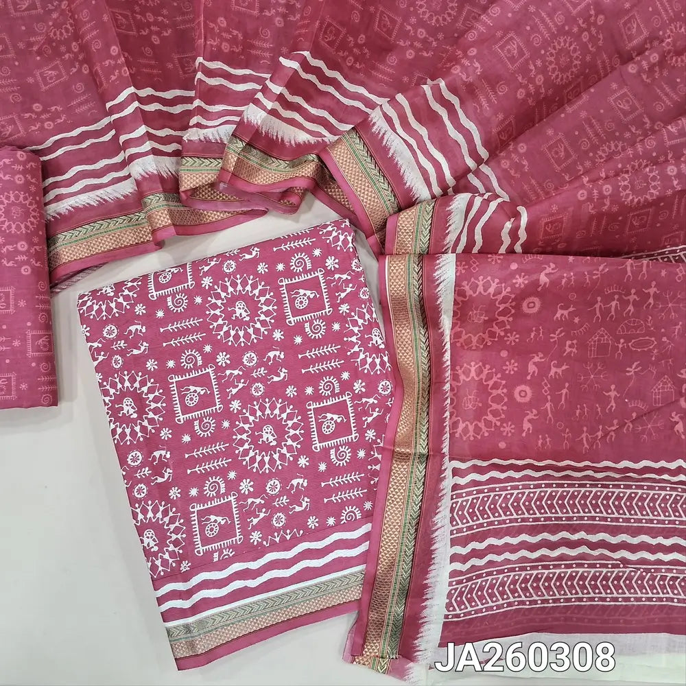 Warli printed pink soft cotton unstitched salwar material (lining needed) thread woven borders on daman,  warli printed cotton bottom, warli printed soft mul cotton dupatta. JA260308