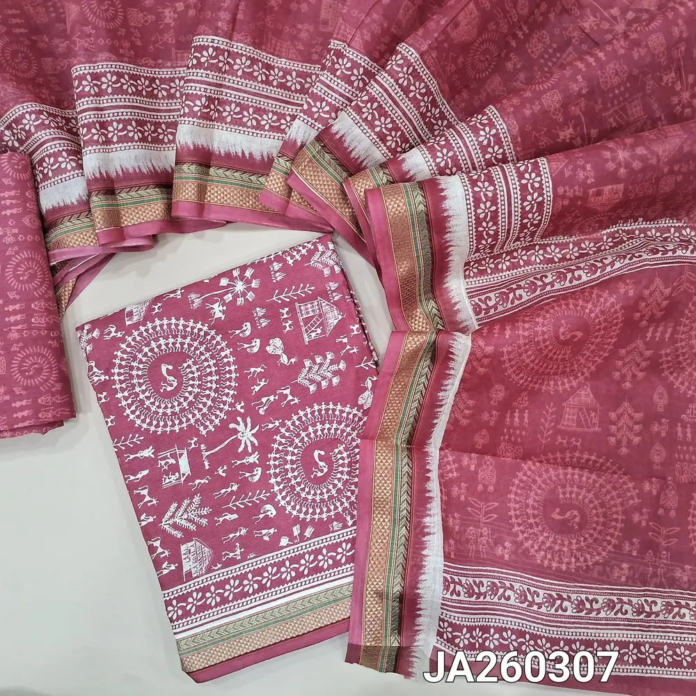 Warli printed pink soft cotton unstitched salwar material (lining needed) thread woven borders on daman,  warli printed cotton bottom, warli printed soft mul cotton dupatta. JA260307