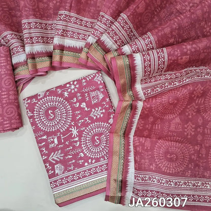 Warli printed pink soft cotton unstitched salwar material (lining needed) thread woven borders on daman,  warli printed cotton bottom, warli printed soft mul cotton dupatta. JA260307