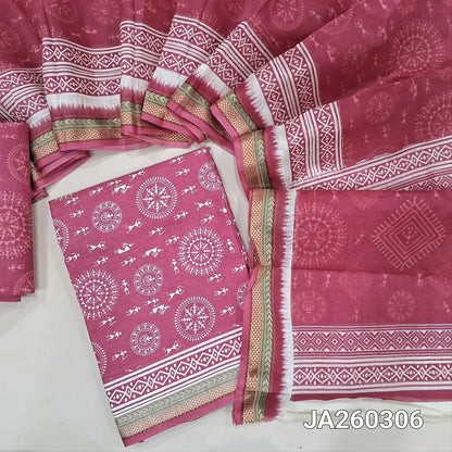 Warli printed pink soft cotton unstitched salwar material (lining needed) thread woven borders on daman,  warli printed cotton bottom, warli printed soft mul cotton dupatta. JA260306