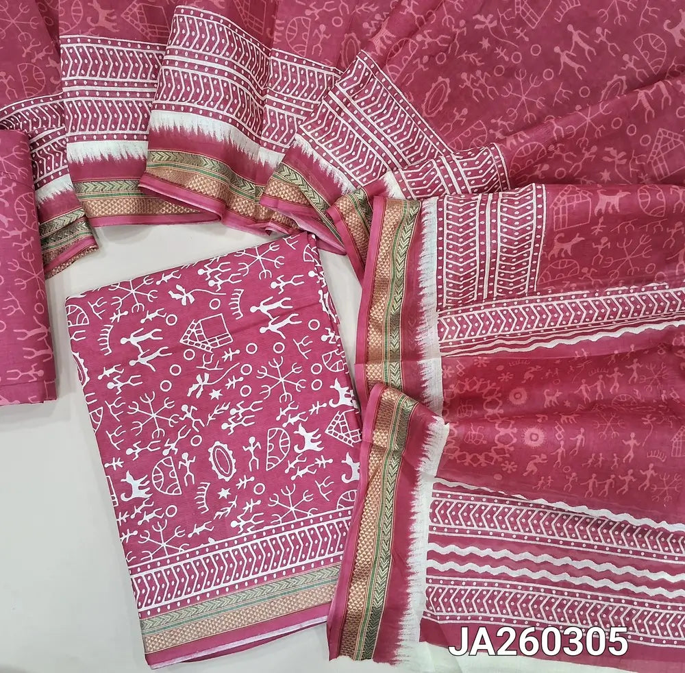 Warli printed pink soft cotton unstitched salwar material (lining needed) thread woven borders on daman,  warli printed cotton bottom, warli printed soft mul cotton dupatta. JA260305