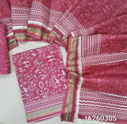 Warli printed pink soft cotton unstitched salwar material (lining needed) thread woven borders on daman,  warli printed cotton bottom, warli printed soft mul cotton dupatta. JA260305