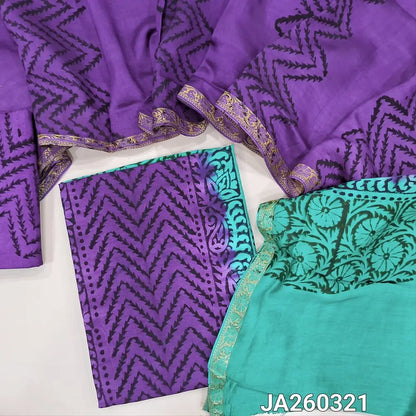 Violet & turquoise Green uppada silk unstitched salwar material (lining needed) hand block printed allover, panel design, santoon bottom, hand block printed uppada silk dupatta (TAPING NEEDED). JA260321 ( inconsistency of color & block prints not defect)