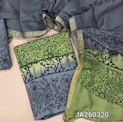 Grey & Green uppada silk unstitched salwar material (lining needed) hand block printed allover, panel design, santoon bottom, hand block printed uppada silk dupatta (TAPING NEEDED). JA260320 ( inconsistency of color & block prints not defect)