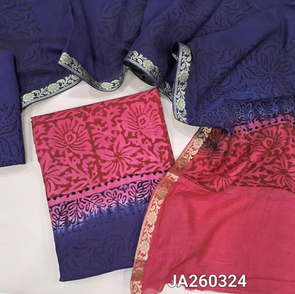 Blue & dark Pink uppada silk unstitched salwar material (lining needed) hand block printed allover, panel design, santoon bottom, hand block printed uppada silk dupatta (TAPING NEEDED). JA260324 ( inconsistency of color & block prints not defect)