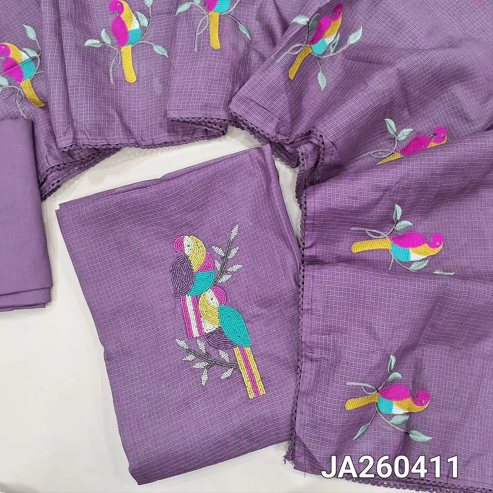 Premium Purple Kota silk cotton unstitched salwar material (lining needed)colorful bead work on yoke, matching spun cotton bottom, colorful embroidery work on kota silk cotton dupatta. JA260411