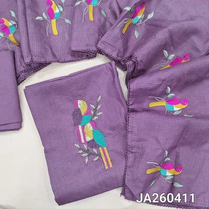Premium Purple Kota silk cotton unstitched salwar material (lining needed)colorful bead work on yoke, matching spun cotton bottom, colorful embroidery work on kota silk cotton dupatta. JA260411