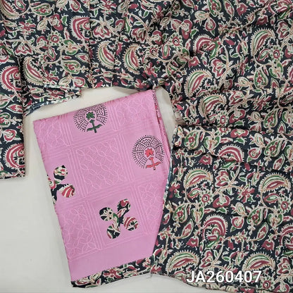 Block printed pastel Pink soft cotton unstitched salwar material (lining needed) applique, embroidery work on front, kalamkari print cotton bottom, kalamkari printed cotton dupatta(TAPING NEEDED). JA260407