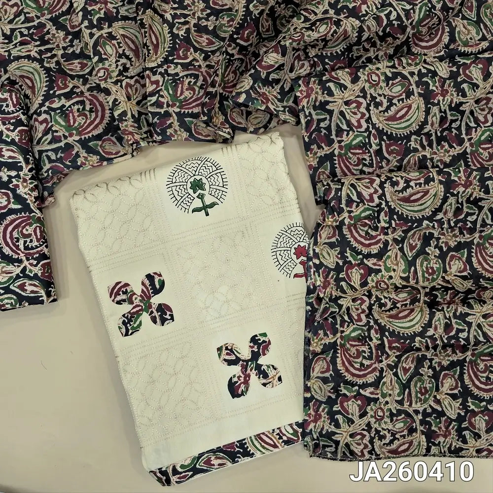 Block printed half White soft cotton unstitched salwar material (lining needed) applique, embroidery work on front, kalamkari print cotton bottom, kalamkari printed cotton dupatta(TAPING NEEDED). JA260410