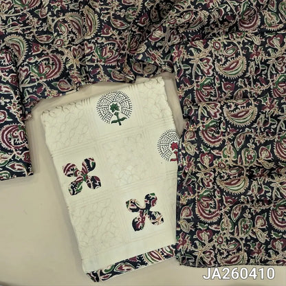 Block printed half White soft cotton unstitched salwar material (lining needed) applique, embroidery work on front, kalamkari print cotton bottom, kalamkari printed cotton dupatta(TAPING NEEDED). JA260410