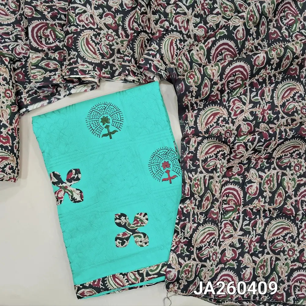 Block printed pastel Blue soft cotton unstitched salwar material (lining needed) applique, embroidery work on front, kalamkari print cotton bottom, kalamkari printed cotton dupatta(TAPING NEEDED). JA260409