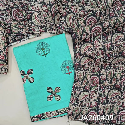 Block printed pastel Blue soft cotton unstitched salwar material (lining needed) applique, embroidery work on front, kalamkari print cotton bottom, kalamkari printed cotton dupatta(TAPING NEEDED). JA260409
