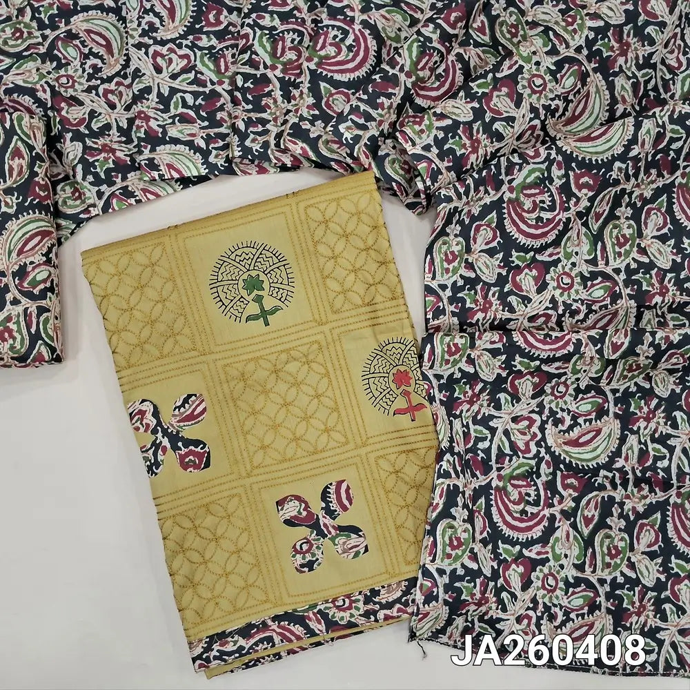 Block printed light Green soft cotton unstitched salwar material (lining needed) applique, embroidery work on front, kalamkari print cotton bottom, kalamkari printed cotton dupatta(TAPING NEEDED). JA260408