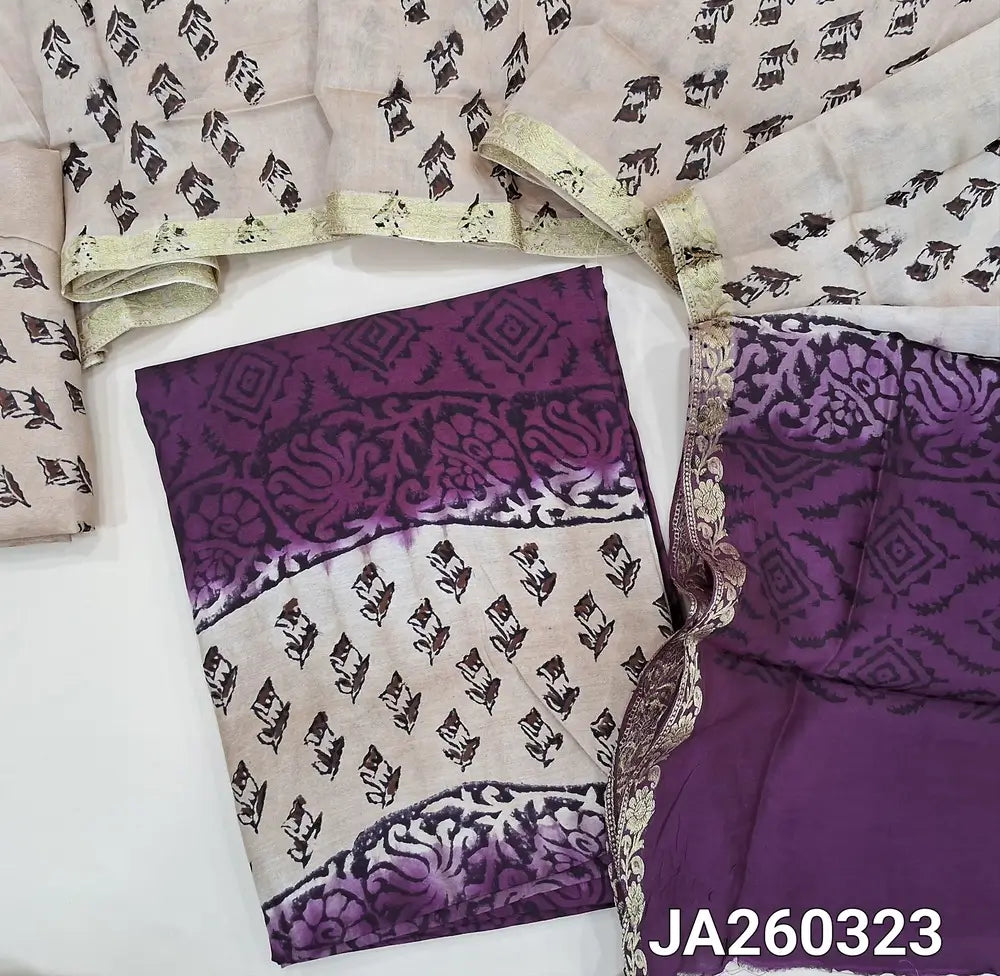 Beige &beetroot Purple uppada silk unstitched salwar material (lining needed) hand block printed allover,santoon bottom, hand block printed uppada silk dupatta (TAPING NEEDED). JA260323 ( inconsistency of color & block prints not defect)