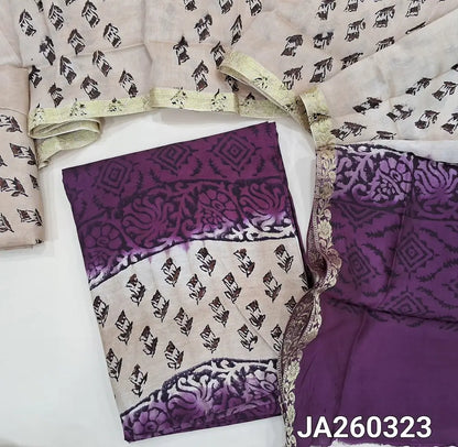 Beige &beetroot Purple uppada silk unstitched salwar material (lining needed) hand block printed allover,santoon bottom, hand block printed uppada silk dupatta (TAPING NEEDED). JA260323 ( inconsistency of color & block prints not defect)