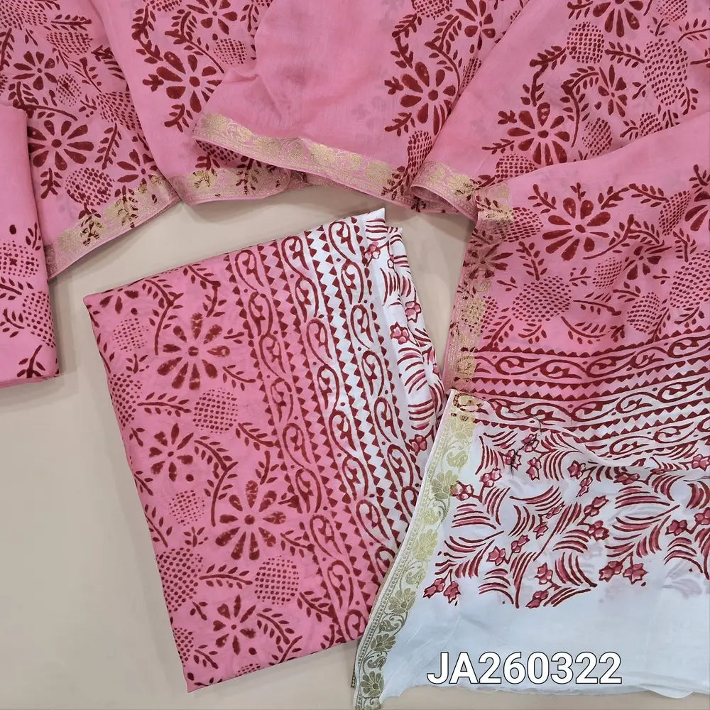 White & pastel pink uppada silk unstitched salwar material (lining needed) hand block printed allover, panel design, santoon bottom, hand block printed uppada silk dupatta (TAPING NEEDED). JA260322 ( inconsistency of color & block prints not defect)