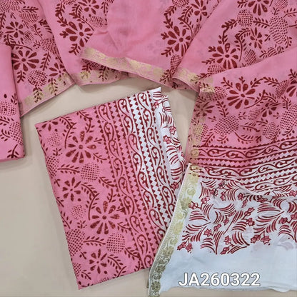 White & pastel pink uppada silk unstitched salwar material (lining needed) hand block printed allover, panel design, santoon bottom, hand block printed uppada silk dupatta (TAPING NEEDED). JA260322 ( inconsistency of color & block prints not defect)
