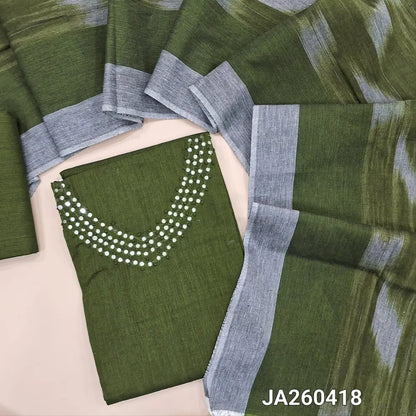 Dark mossy Green south handloom cotton unstitched salwar material (lining optional) faux mirror work on yoke, handloom cotton bottom, ikat woven south handloom cotton dupatta with tassels. JA260418