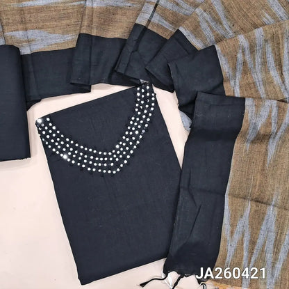 Black south handloom cotton unstitched salwar material (lining optional) faux mirror work on yoke, handloom cotton bottom, ikat woven south handloom cotton dupatta with tassels. JA260421