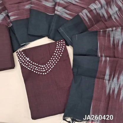 Dark Maroon south handloom cotton unstitched salwar material (lining optional) faux mirror work on yoke, handloom cotton bottom, ikat woven south handloom cotton dupatta with tassels. JA260420