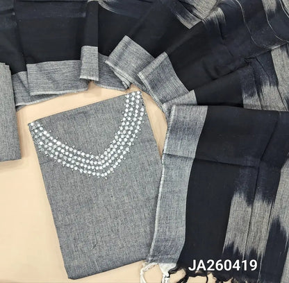 Light Grey south handloom cotton unstitched salwar material (lining optional) faux mirror work on yoke, handloom cotton bottom, ikat woven south handloom cotton dupatta with tassels. JA260419