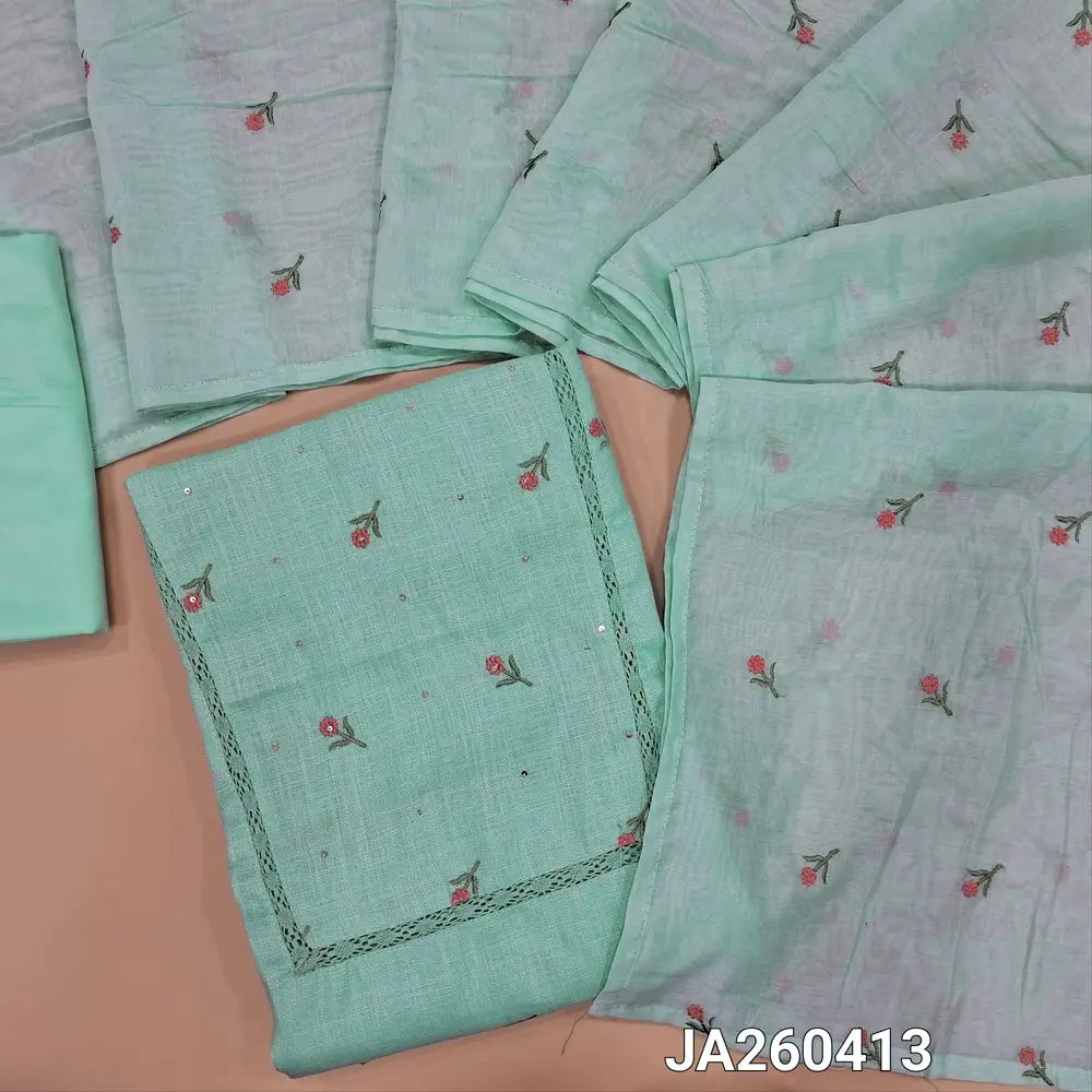 Pastel Blue semi linen unstitched salwar material (lining optional) embroidery work on front,  crochet lace work on toke, matching silky bottom,  embroidery work on silk cotton dupatta. JA260413