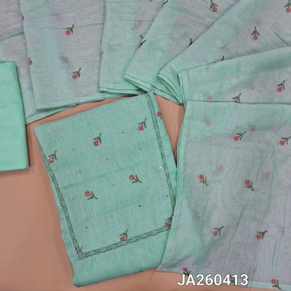 Pastel Blue semi linen unstitched salwar material (lining optional) embroidery work on front,  crochet lace work on toke, matching silky bottom,  embroidery work on silk cotton dupatta. JA260413