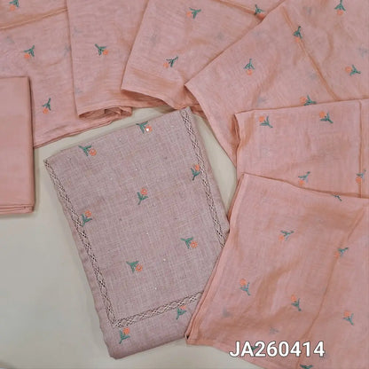 Light onion Pink semi linen unstitched salwar material (lining optional) embroidery work on front,  crochet lace work on toke, matching silky bottom,  embroidery work on silk cotton dupatta. JA260414