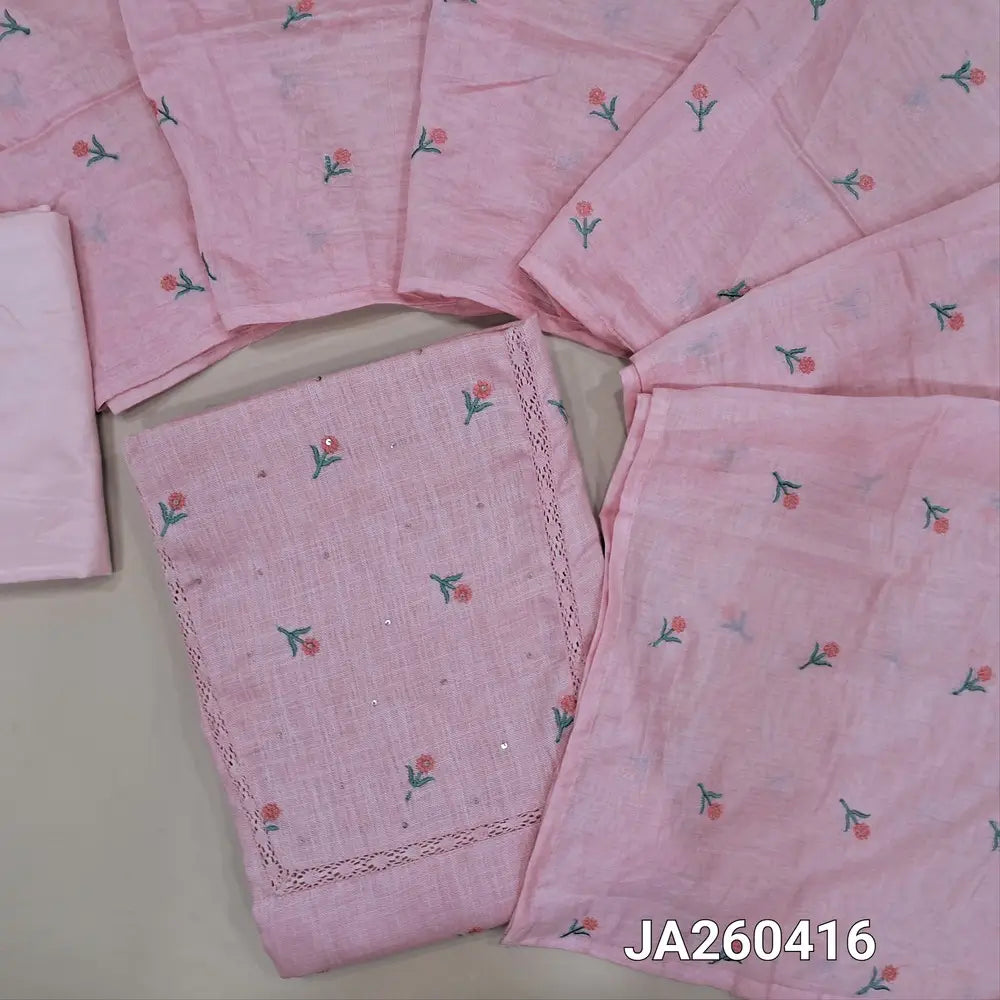 Pastel Pink semi linen unstitched salwar material (lining optional) embroidery work on front,  crochet lace work on toke, matching silky bottom,  embroidery work on silk cotton dupatta. JA260416