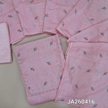 Pastel Pink semi linen unstitched salwar material (lining optional) embroidery work on front,  crochet lace work on toke, matching silky bottom,  embroidery work on silk cotton dupatta. JA260416