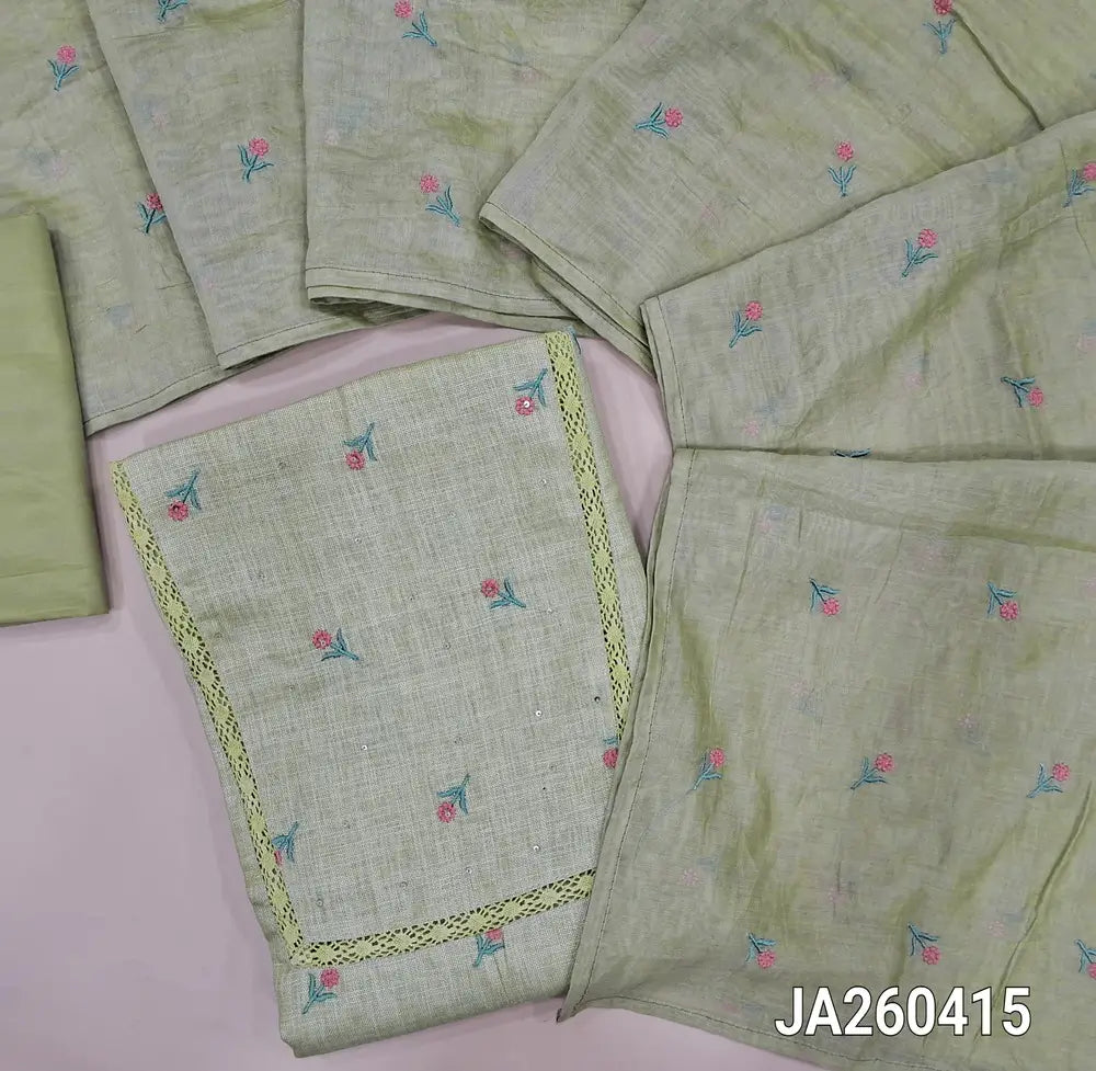 Pastel Green semi linen unstitched salwar material (lining optional) embroidery work on front,  crochet lace work on toke, matching silky bottom,  embroidery work on silk cotton dupatta. JA260415