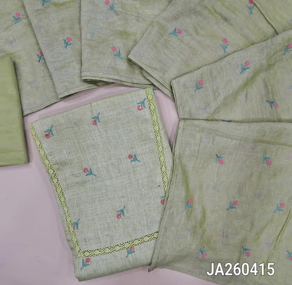 Pastel Green semi linen unstitched salwar material (lining optional) embroidery work on front,  crochet lace work on toke, matching silky bottom,  embroidery work on silk cotton dupatta. JA260415