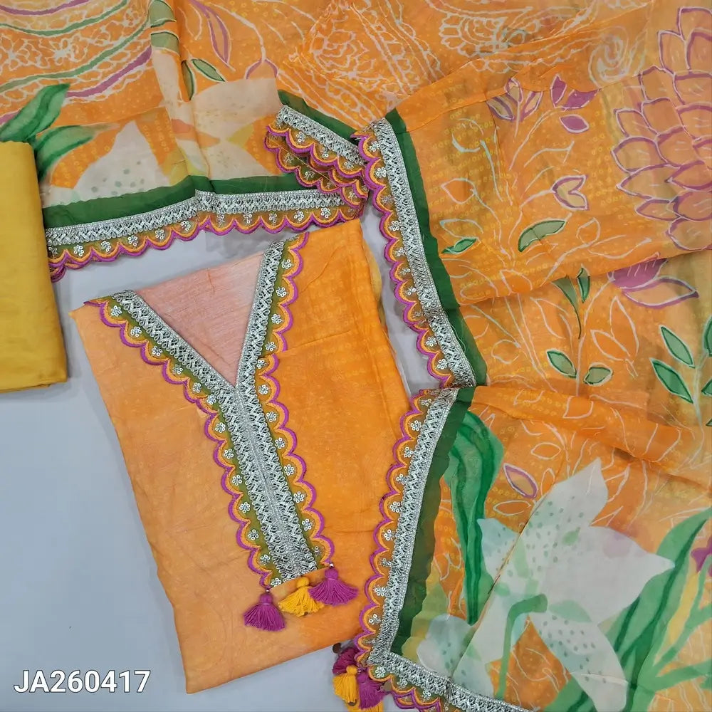 Designer floral printed light & dark shade Orange pure muslin silk unstitched salwar material (lining needed) sequins work on v neck line, light green santoon bottom, floral printed organza dupatta with sequins scalped borders. JA260417