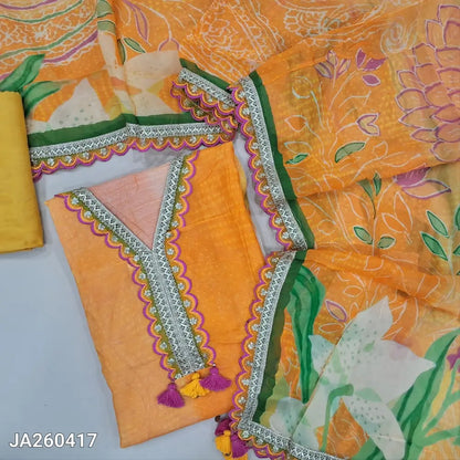 Designer floral printed light & dark shade Orange pure muslin silk unstitched salwar material (lining needed) sequins work on v neck line, light green santoon bottom, floral printed organza dupatta with sequins scalped borders. JA260417