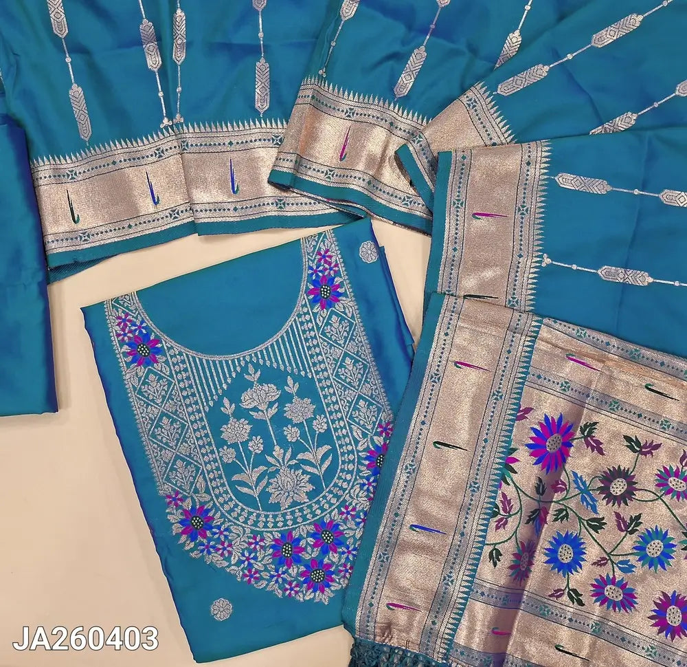 Designer Blue premium silk unstitched salwar material (lining needed) meenakari weaving paithani design on daman, matching silk bottom with zari borders, premium silk full length dupatta with meenakari weaving paithani design pallu. JA260403