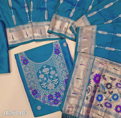 Designer Blue premium silk unstitched salwar material (lining needed) meenakari weaving paithani design on daman, matching silk bottom with zari borders, premium silk full length dupatta with meenakari weaving paithani design pallu. JA260403